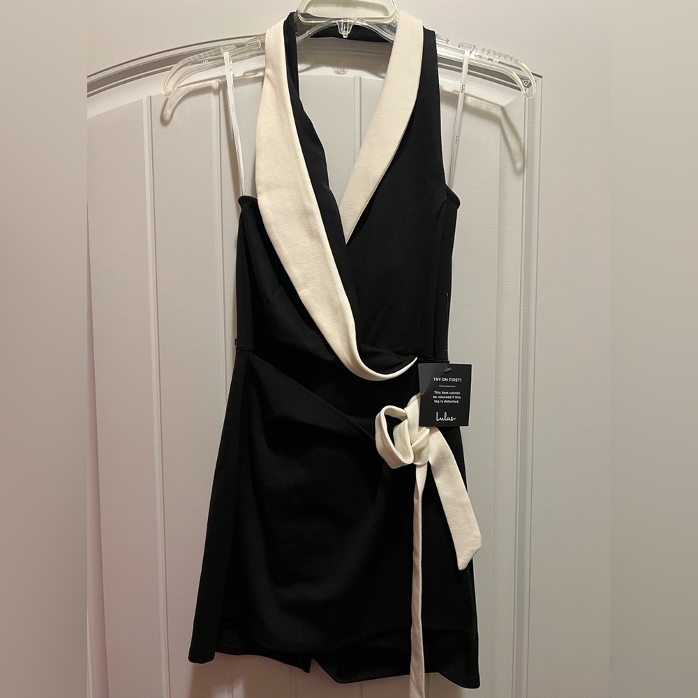 Lulus Black Color Block Collared Halter Wrap Skort Romper - Picture 5 of 6